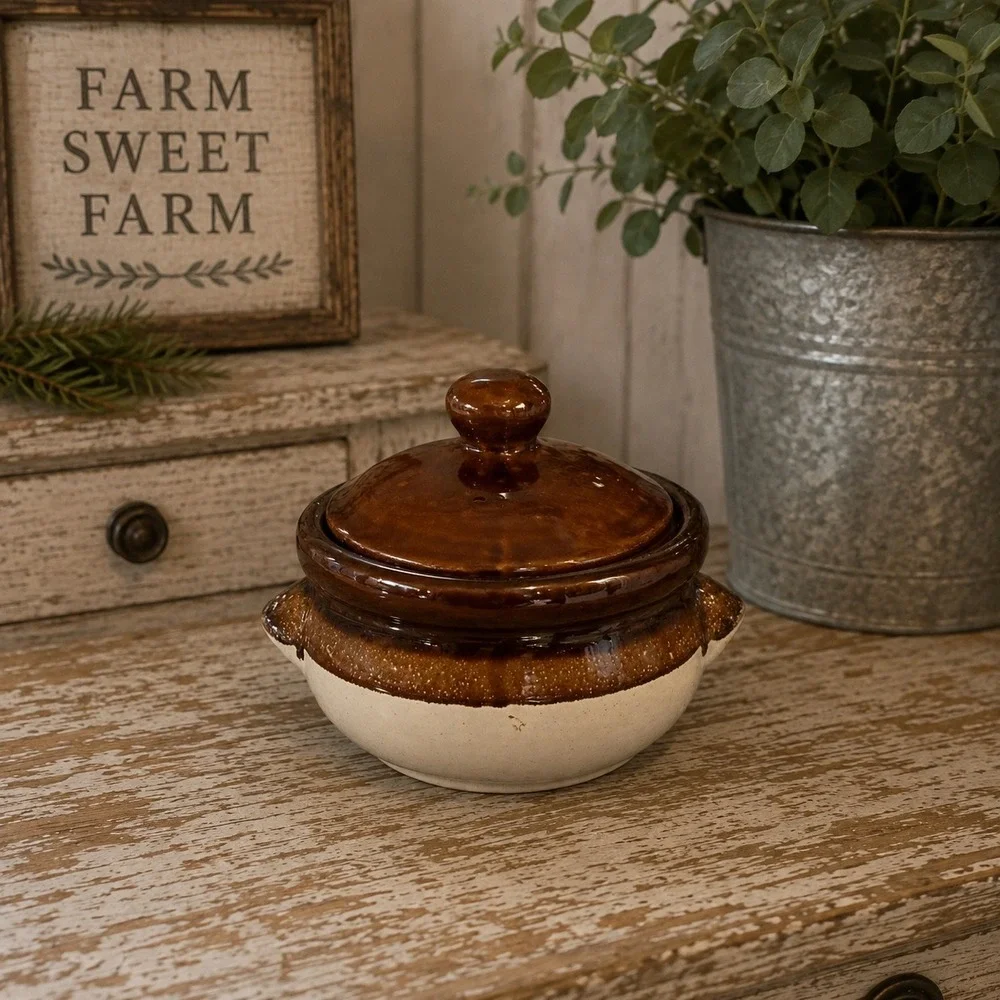 Vintage Two Tone Brown Cream Stoneware Bean Pot Lid Integrated Handles 5x5x4.5